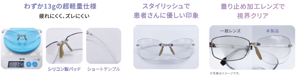 わずか13gの超軽量仕様・スタイリッシュで患者さんに優しい印象・曇り止め加工で司会クリア【Dr.デンタルエアリーグラス+HEV】